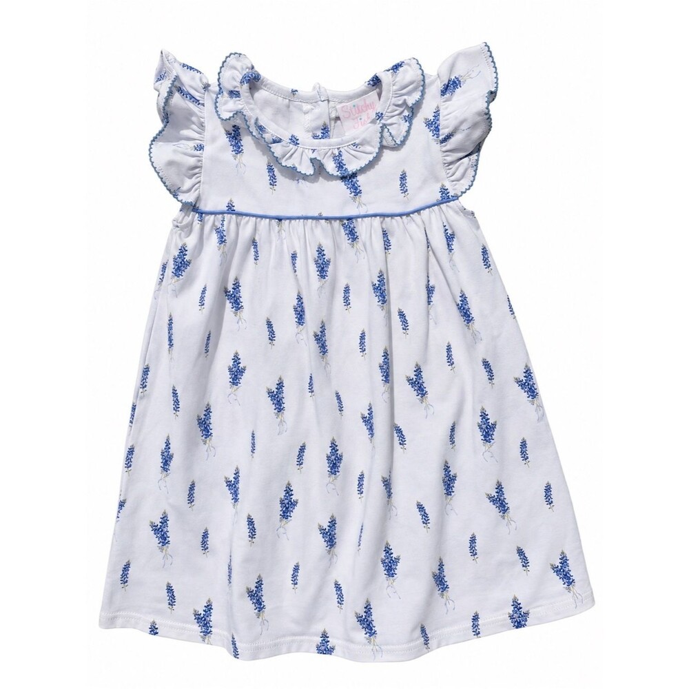 Stitchy Fish Floral Dress Girls 3T White Blue Bonnet Ruffle Collar Flutter